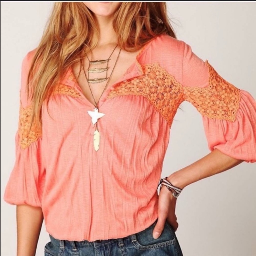 🎃Free People Boho Bright Coral Flowy Top Lace Cut Outs Small